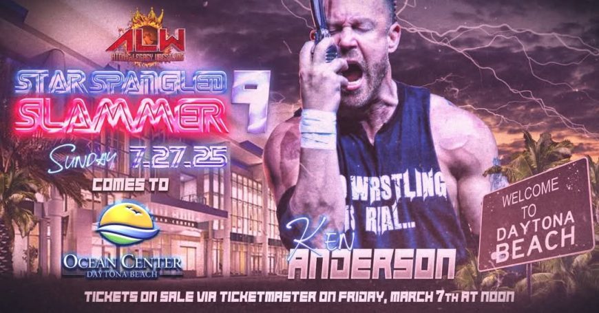 Promotional graphic for a wrestling event featuring wrestler Ken Anderson, Daytona Beach Ocean Center.