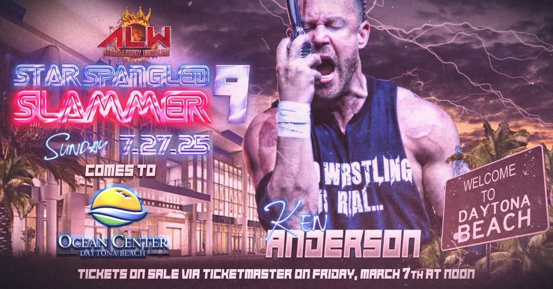 Promotional graphic for a wrestling event featuring wrestler Ken Anderson, Daytona Beach Ocean Center.